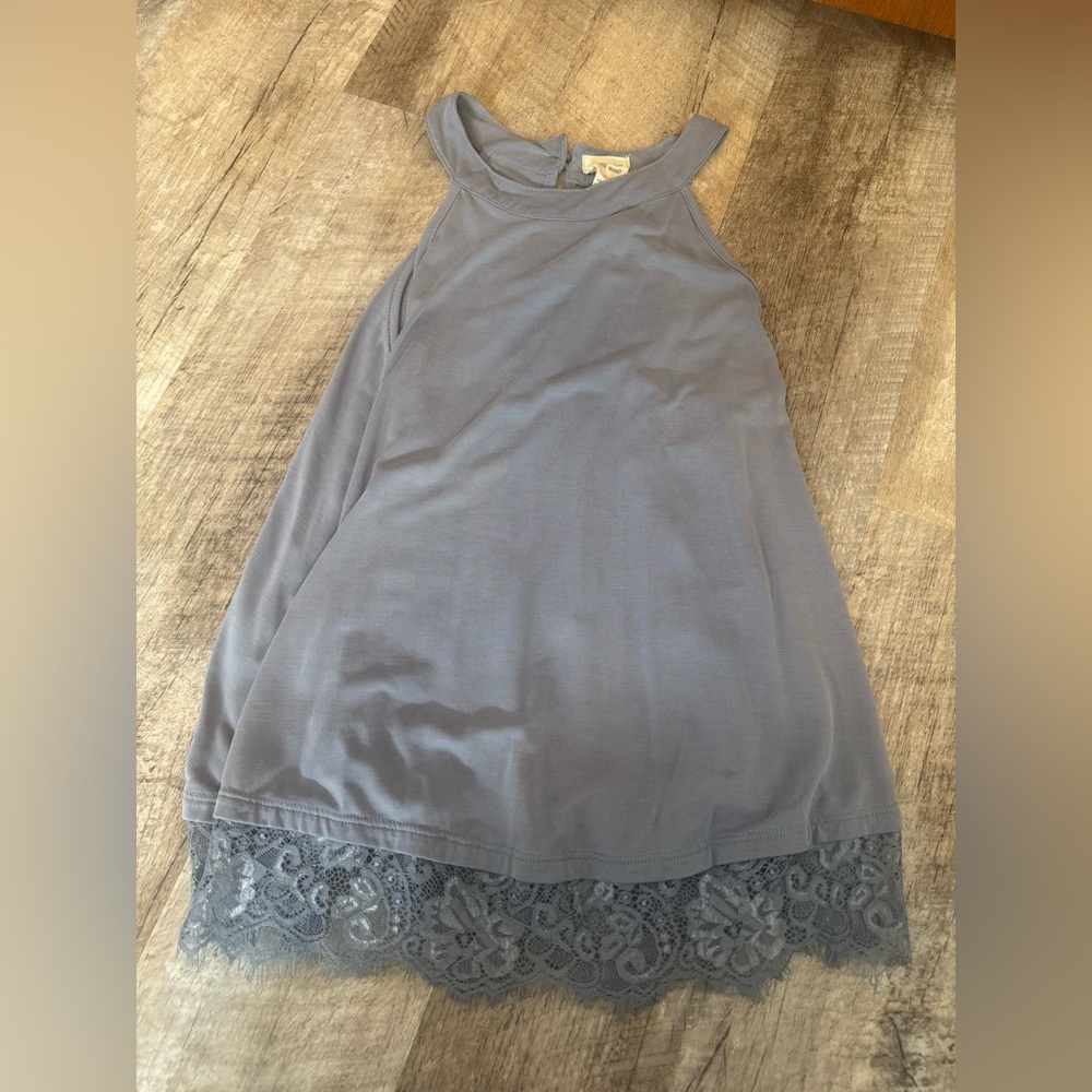 Caution to the wind SMALL light blue tank blouse w lace hem trim, button back
